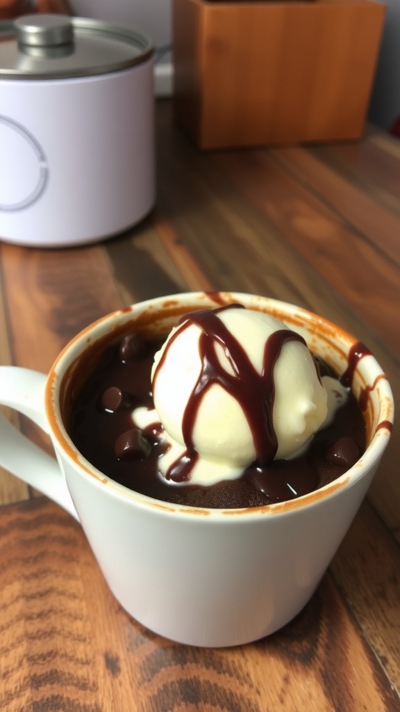 A mug filled with a warm brownie topped with ice cream and chocolate sauce, set on a wooden table.
